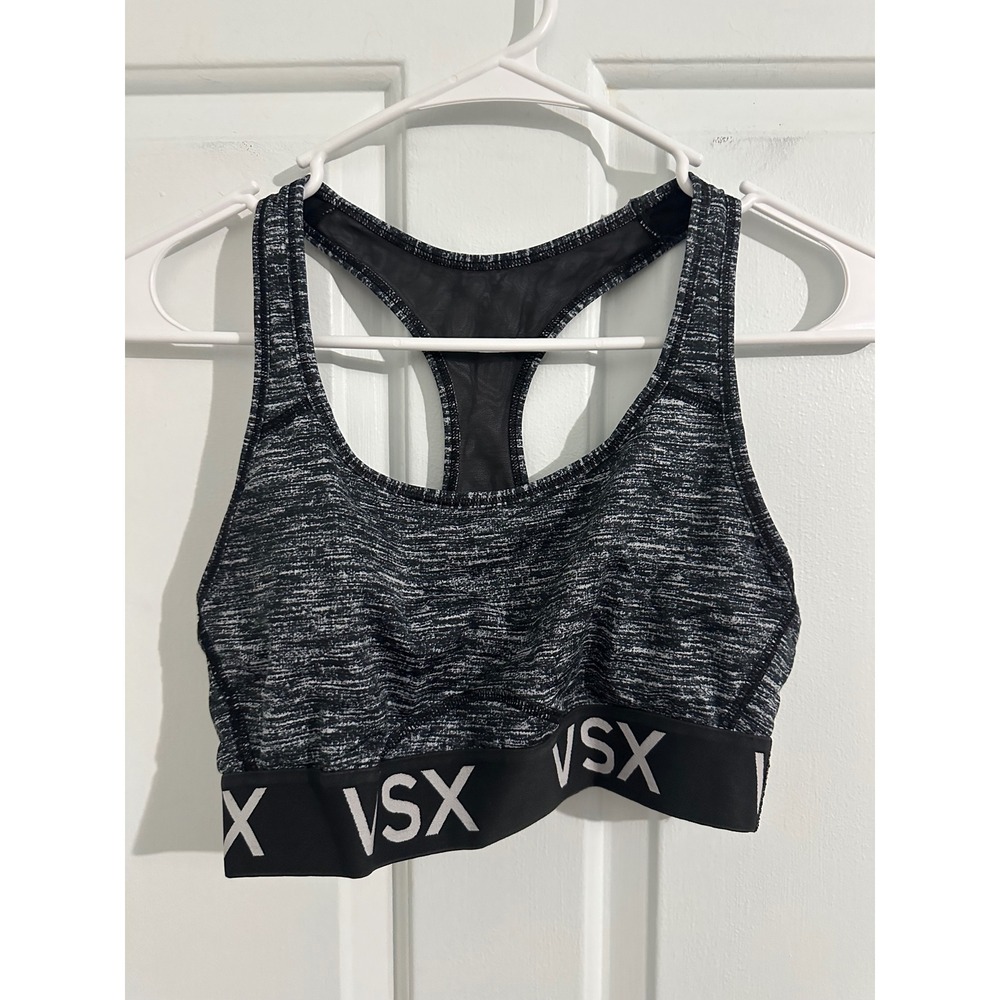 Victoria Secret Sport VSX Sports Bra Heathered Black White Racerback Medium
